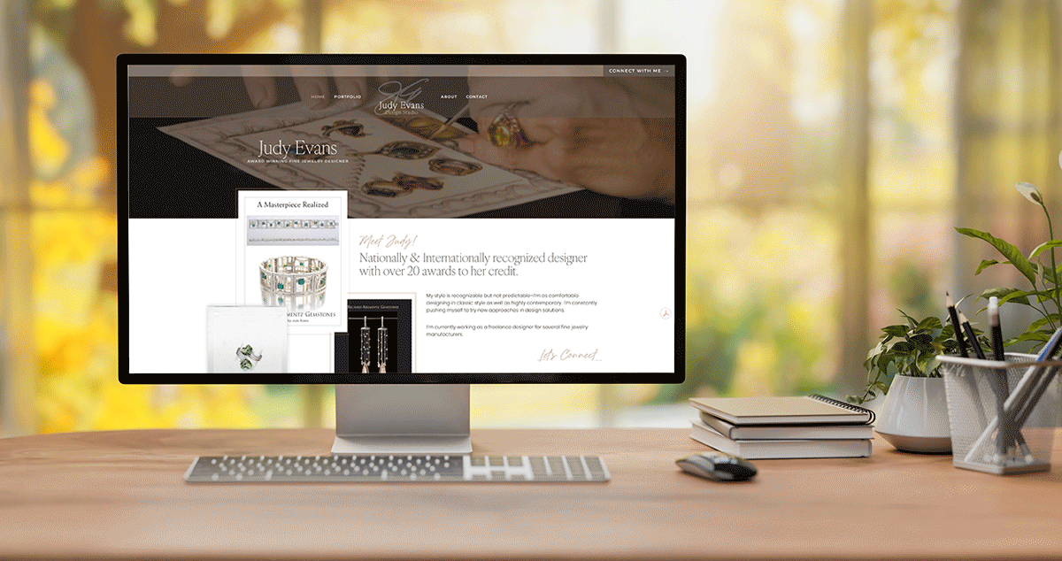 Animated mockup of the newly designed JudyEvansDesign.com website